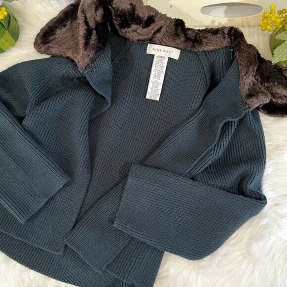 NEW Nine West Vintage Wool Faux Fur Ribbed Swing Cardigan Sweater Jacket S NWOT - Picture 10 of 15